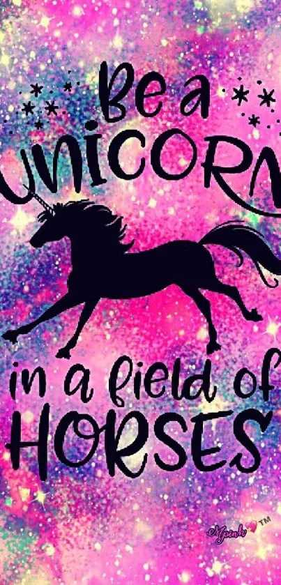 Unicorn-themed inspirational mobile wallpaper with vibrant colors and stars.