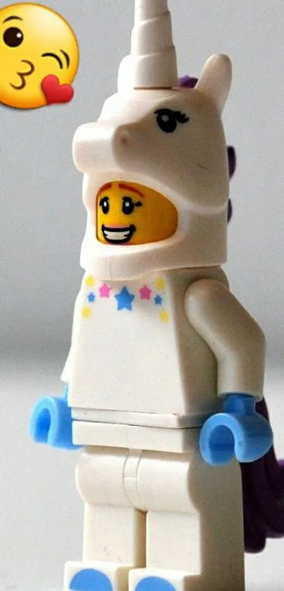 Unicorn-themed LEGO figure with emoji on a white background.