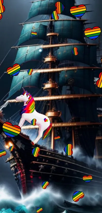 Rainbow unicorn on a ship with floating hearts.