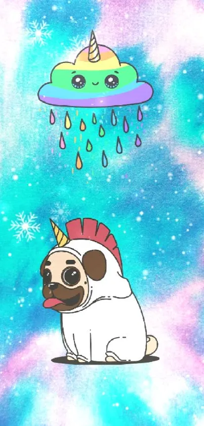 Cute unicorn pug and colorful raindrop cloud on a turquoise fantasy background.