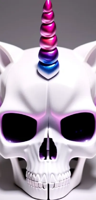 A white skull with a vibrant unicorn horn and purple accents.