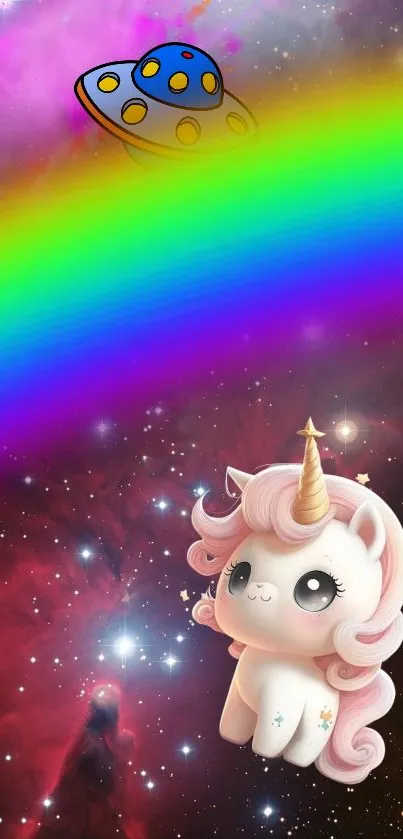 Pink unicorn with rainbow in space wallpaper.