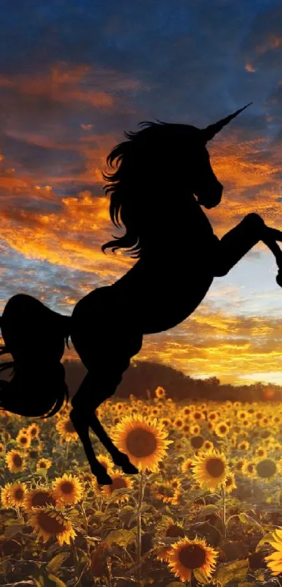 Silhouette of a unicorn jumping over a field of sunflowers during a vibrant sunset.