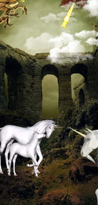 Fantasy wallpaper with unicorns and dragons by ancient ruins.