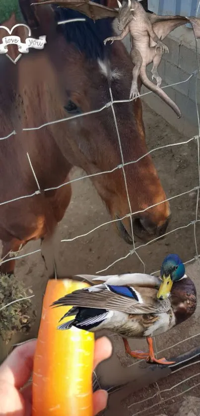 Horse and duck with carrot in hand, fantasy-themed farm wallpaper.