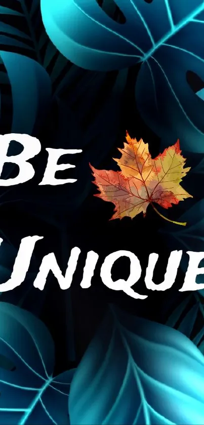 Colorful leaf with 'Be Unique' text on tropical background.