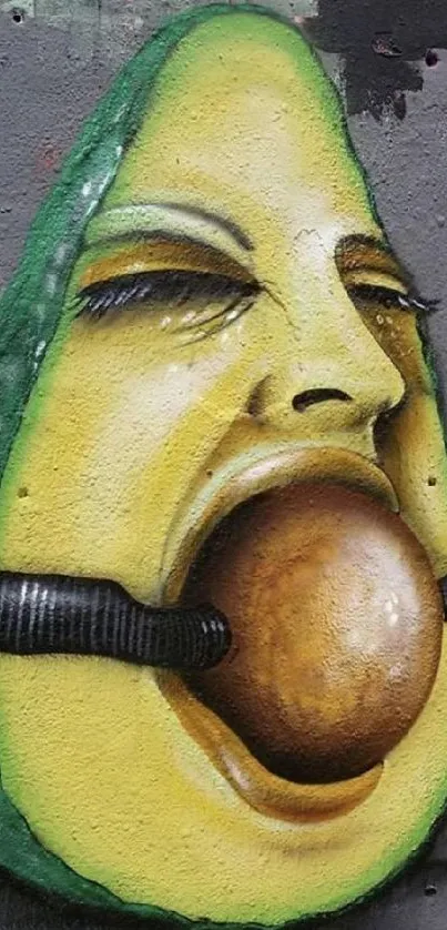 Colorful avocado street art with graffiti style on a urban wall.
