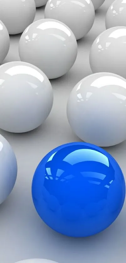 Abstract mobile wallpaper with a bold blue sphere among white spheres.