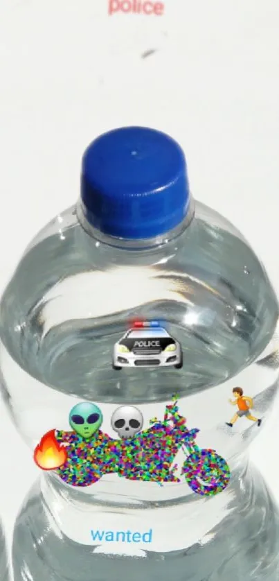 Colorful bottle art with digital stickers including aliens and motorbikes.