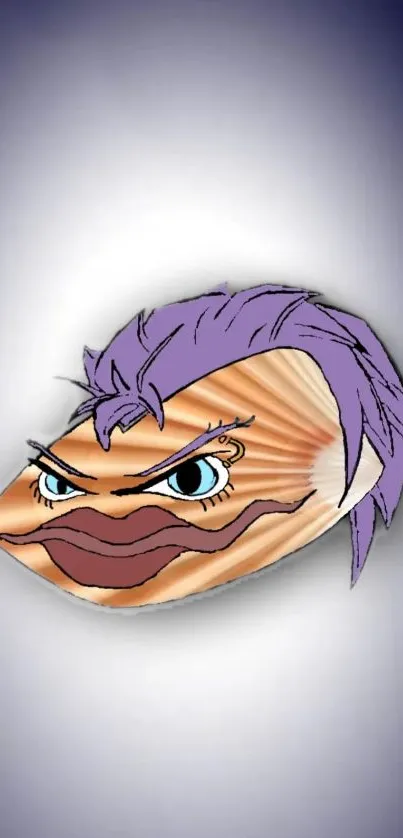 Cartoon seashell with purple hair on a gradient background.