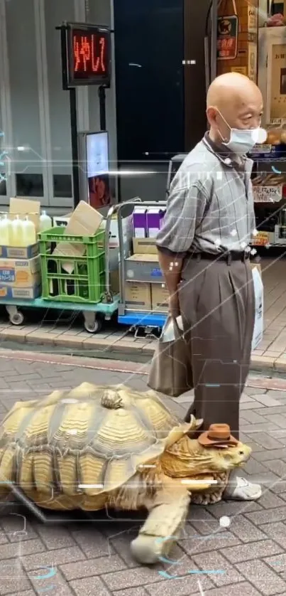 Man walking with a large tortoise in city street.