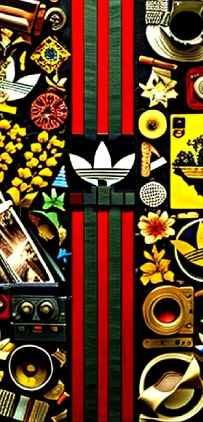 A vibrant mobile wallpaper with a colorful collage and retro elements.