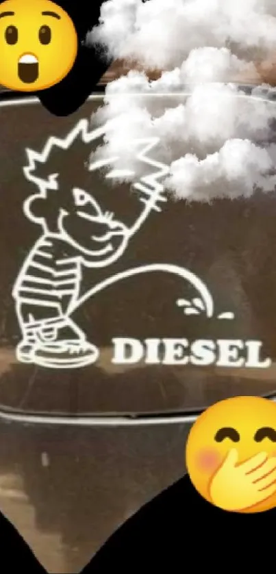 Diesel-themed sticker art on fuel cap with heart-shaped black background.