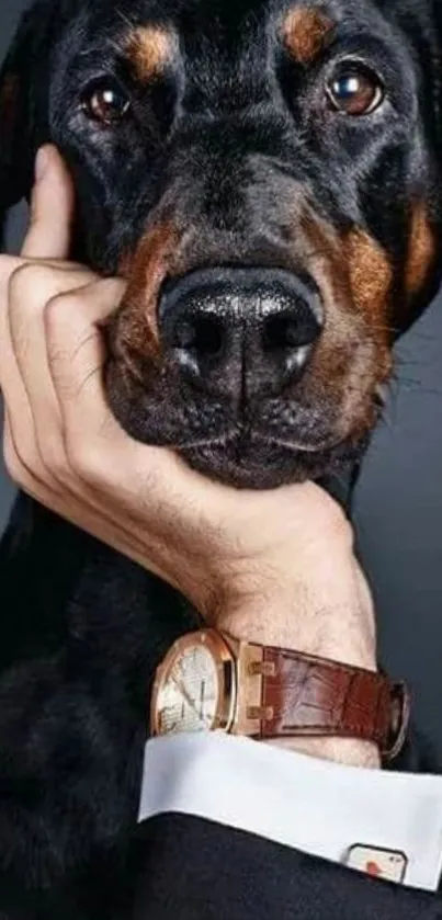 Creative dog and hand illusion with a watch.