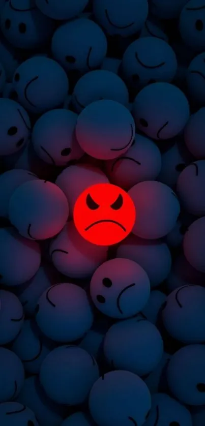 Mobile wallpaper with red emoji among blue faces, showcasing expressive contrast.