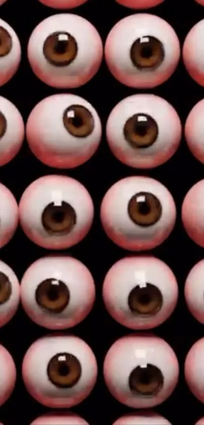 A wallpaper featuring a pattern of realistic eyeballs on a black background.
