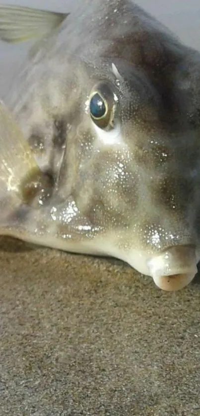 Close-up of a fish on sandy beach with unique features.