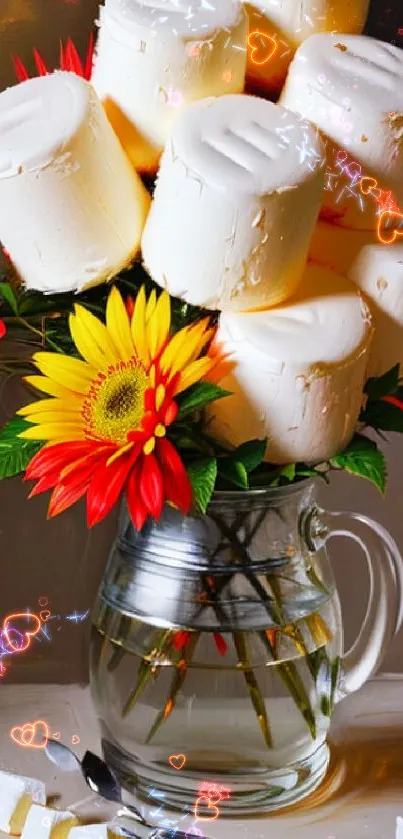 Floral and marshmallow arrangement in a glass vase.