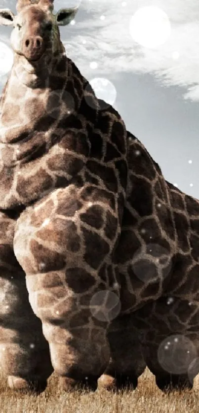 Artistic image of a giraffe with a unique form walking on a savannah.