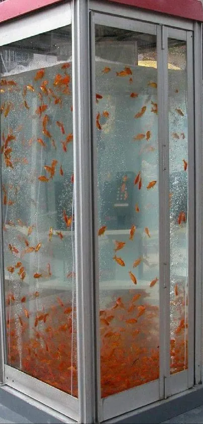 Phone booth filled with goldfish in an urban setting, creating a unique art display.