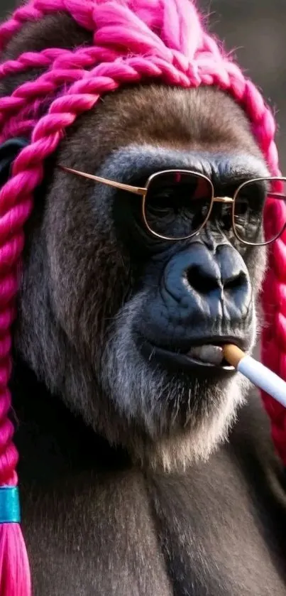 Gorilla wearing pink braids and sunglasses, smoking a cigarette.