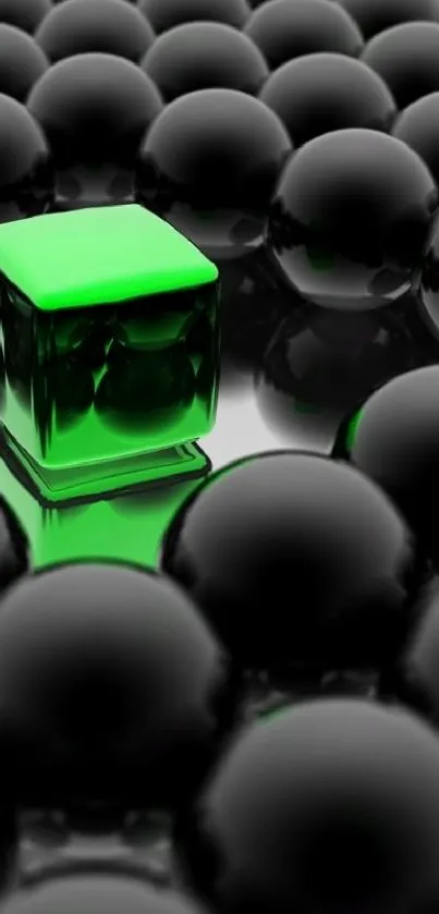 Abstract green cube with dark spheres wallpaper.