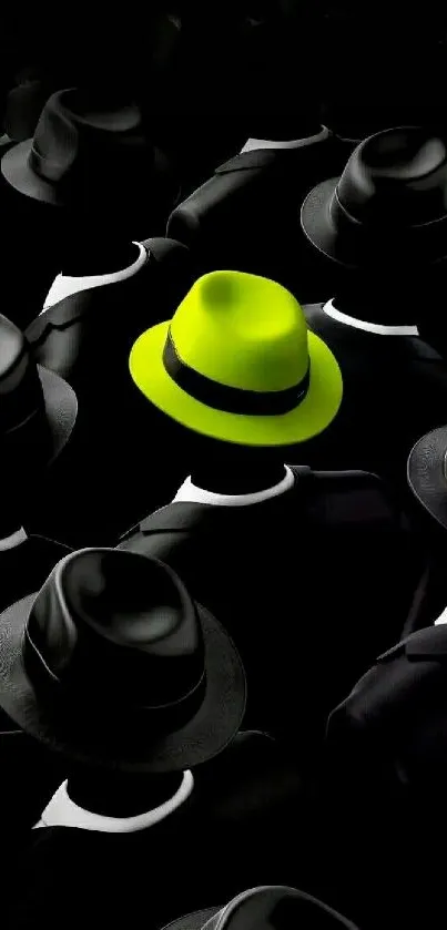 Unique green hat stands out among black hats in artistic phone wallpaper.