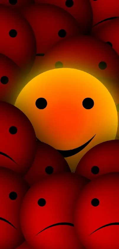 Smiling yellow face among red sad emojis on wallpaper.