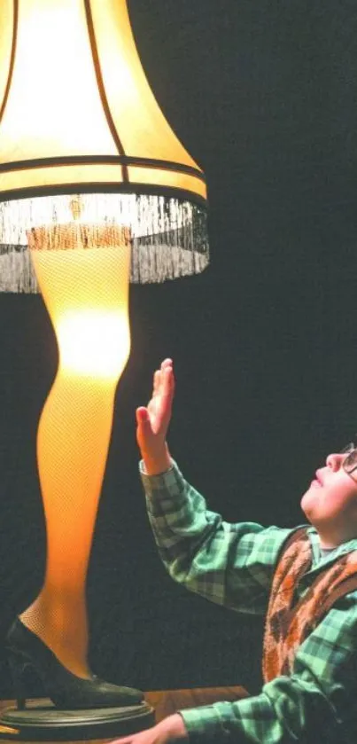 Lamp shaped like a leg with a child admiring it.