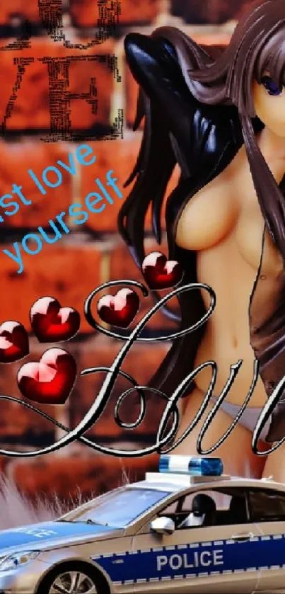Love-themed figurine with police car on brick wall background.