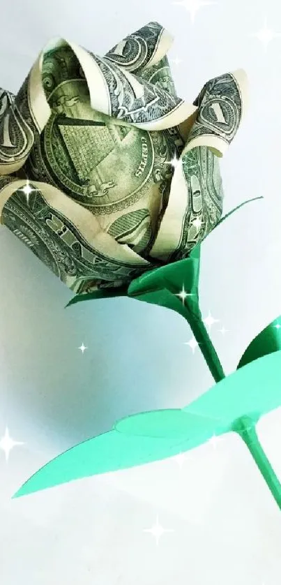 Rose crafted from folded dollar bills against a white background.