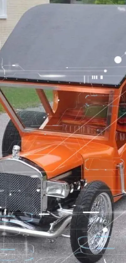 Orange hot rod car parked on a street with unique design and style.