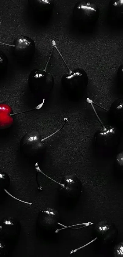 Wallpaper with a red cherry standout among black cherries on a dark background.