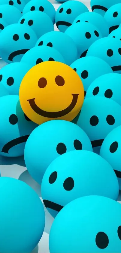 Blue emojis with one unique yellow smiley face in the center.