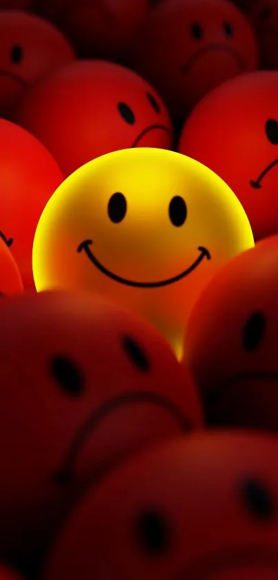 Glowing smiley face in a sea of sad faces on a red background.