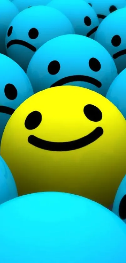 Yellow smiley face among blue frowning faces.