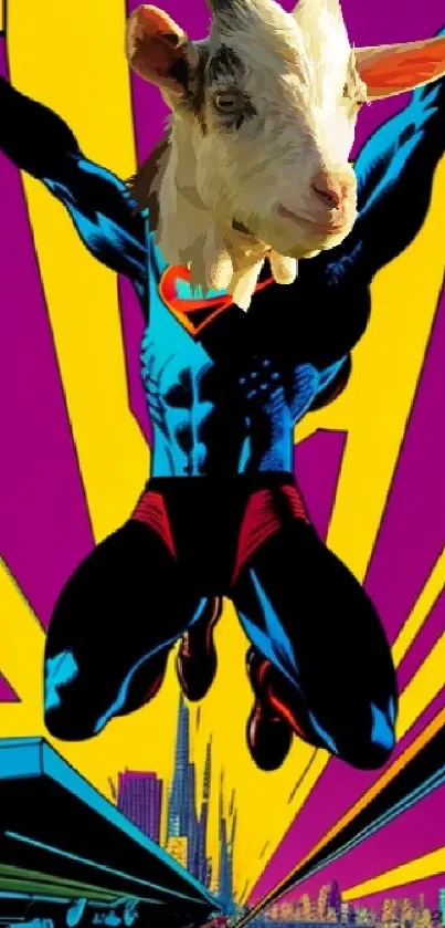 Superhero goat on vibrant, colorful background.