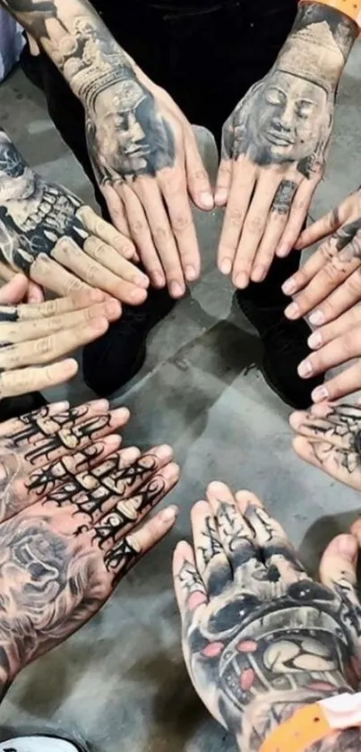 Circle of tattooed hands with artistic designs in a unique wallpaper.