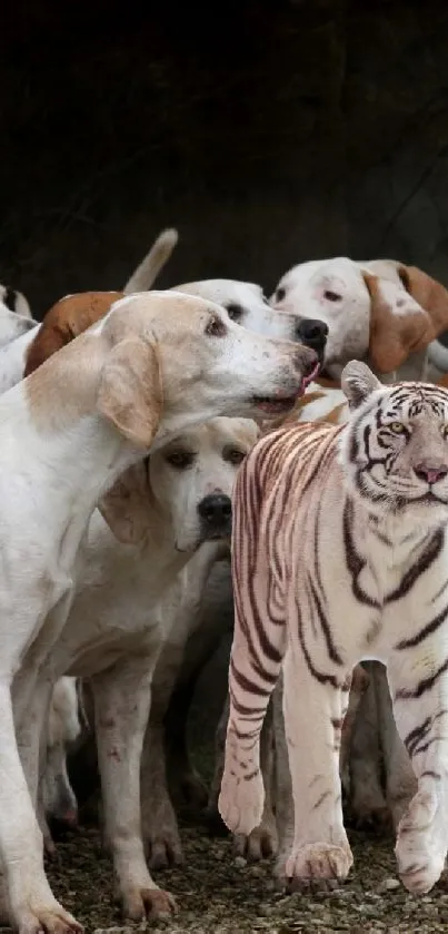A young tiger stands boldly among a group of hounds, creating a unique visual contrast.