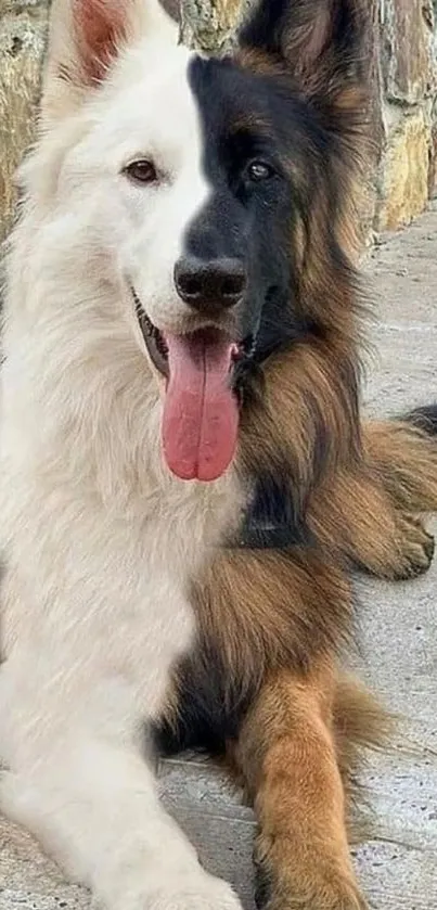 Unique black and white two-faced dog resting.