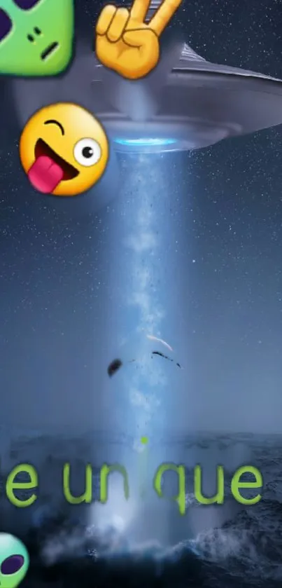 Unique UFO wallpaper with emojis and 'Be unique' text on a navy blue background.