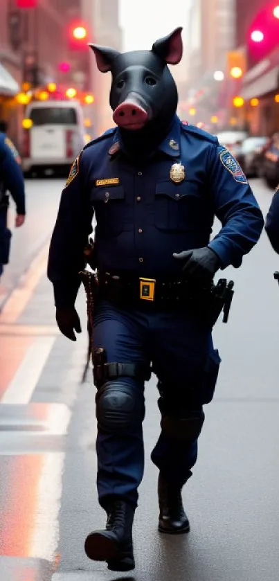 A surreal urban scene with police officers on a city street wearing unique costumes.