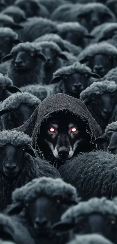 Wolf hidden among sheep with glowing eyes in a dark-themed wallpaper.
