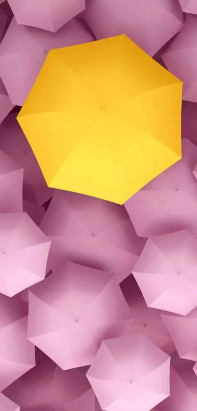 Yellow umbrella among pastel pink umbrellas wallpaper.