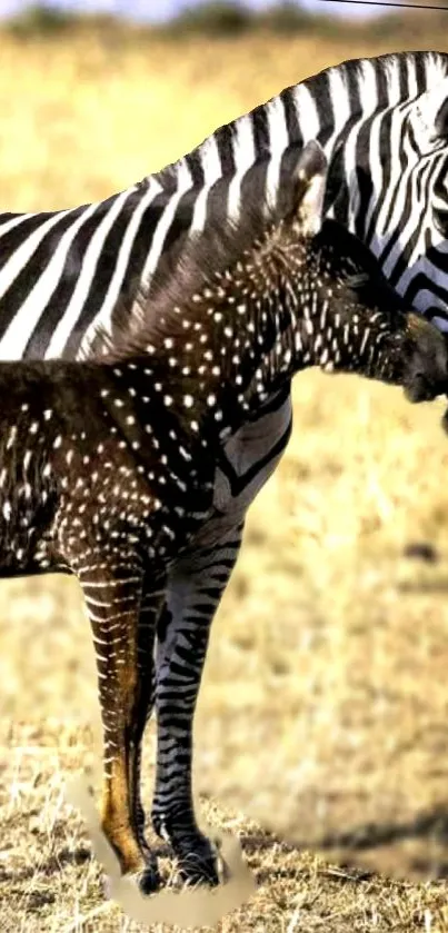 Unique zebra with spots and stripes in savannah.