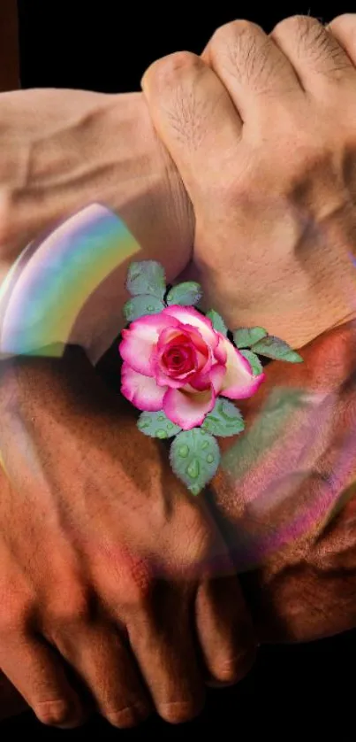 Intertwined hands holding a pink rose symbolizing unity.