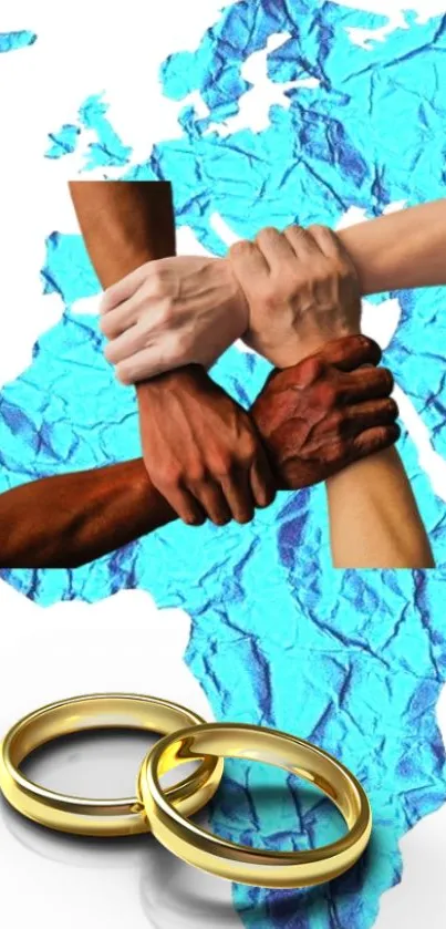 Hands joined with golden rings on crumpled blue world map background.