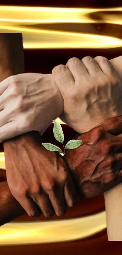 Intertwined hands with a sprouting plant on an abstract brown and gold backdrop.