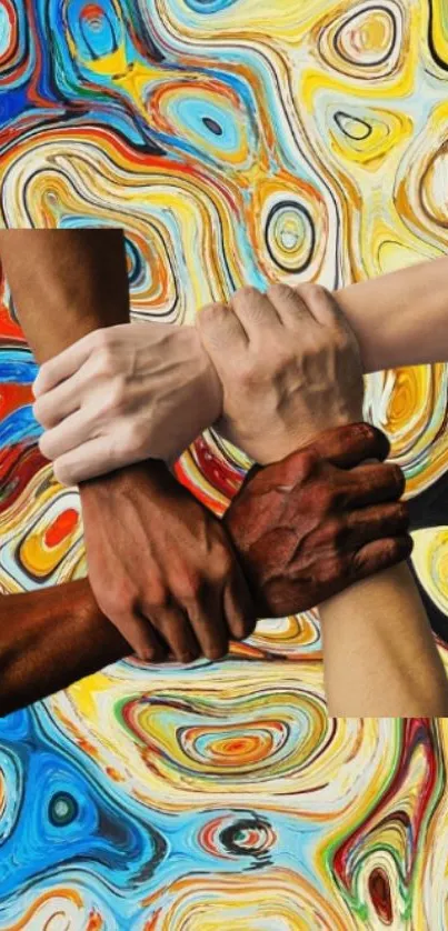 Abstract art of diverse hands united on colorful swirl background.