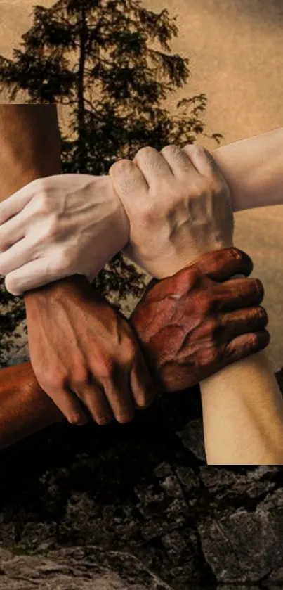 Diverse hands joined in unity on a mobile wallpaper.